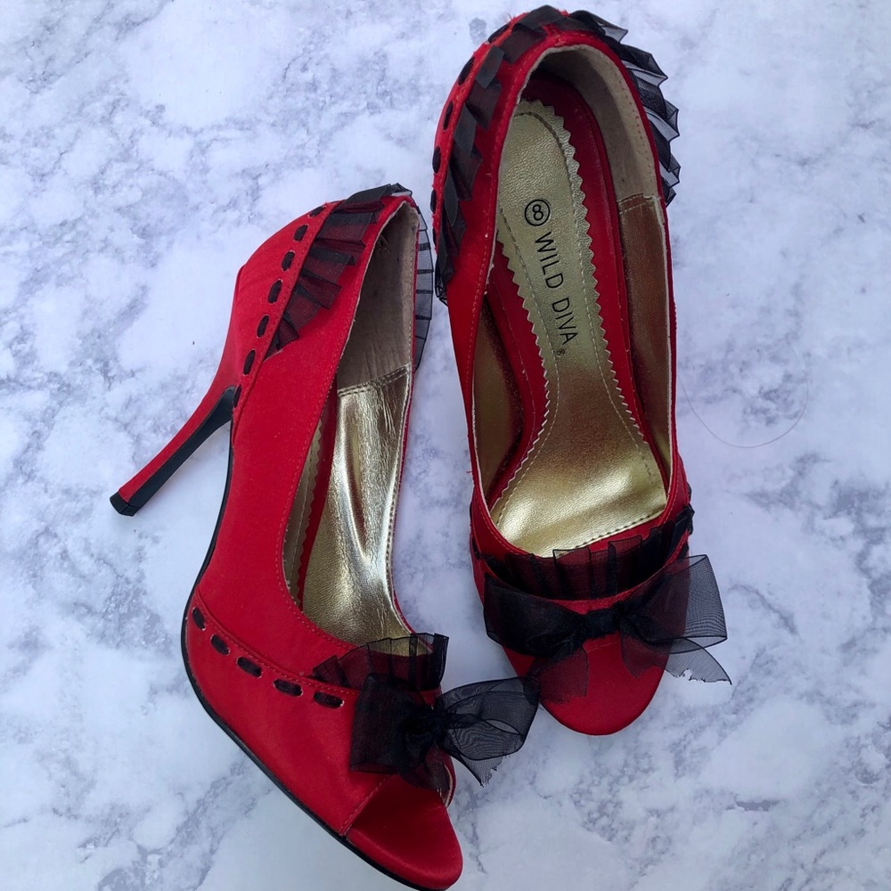 red and black tulle heels